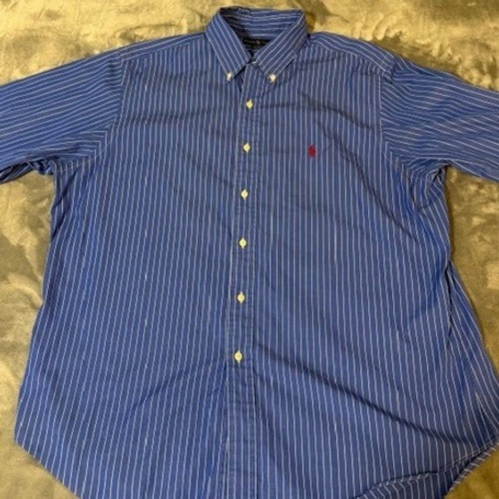 Ralph Lauren Mens Blue White Striped Classic Fit Button Down Shirt 17.5 32/33